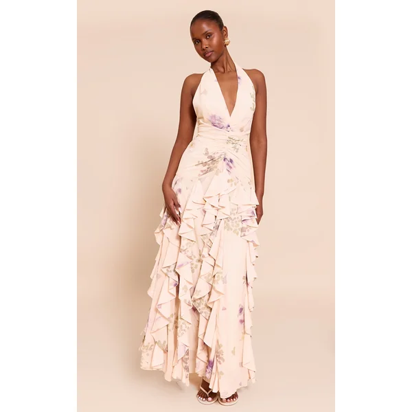 Stone Plunge Ruched Frill Detail Maxi Dress