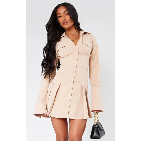 Stone Poplin Pleated Flared Sleeve Shirt Dress