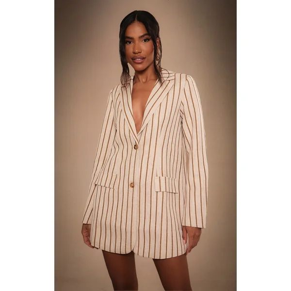 Stone Premium Linen Tailored Pinstripe Blazer Dress