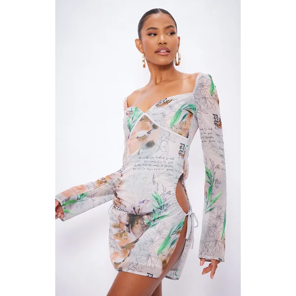 Stone Printed Chiffon Cut Out Shift Dress