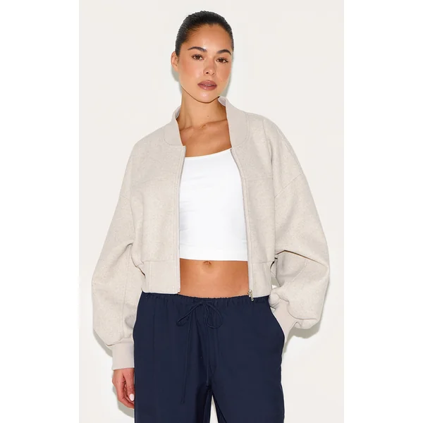 Stone Ruched Sleeve Cropped Bomber Jacket