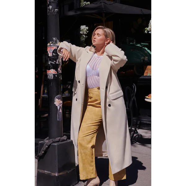 Stone Shoulder Padded Double Breasted Brushed Faux Wool Coat