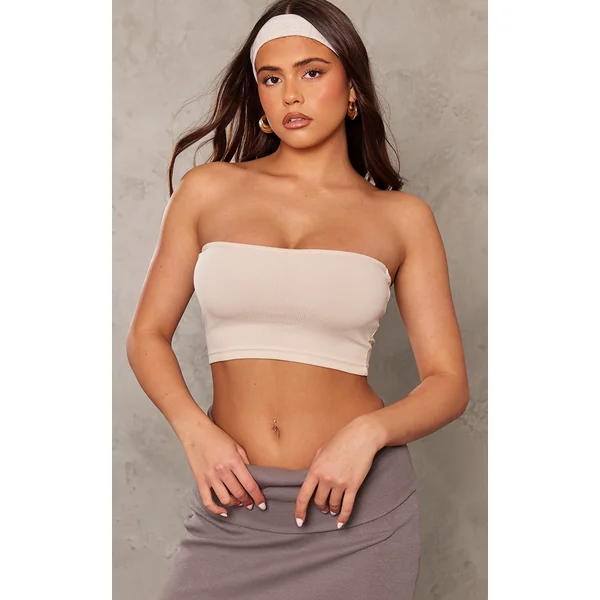 Stone Soft Basic Rib Bandeau Crop Top