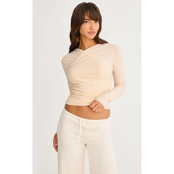 Stone Soft Touch Ruched Long Sleeve Longline Top