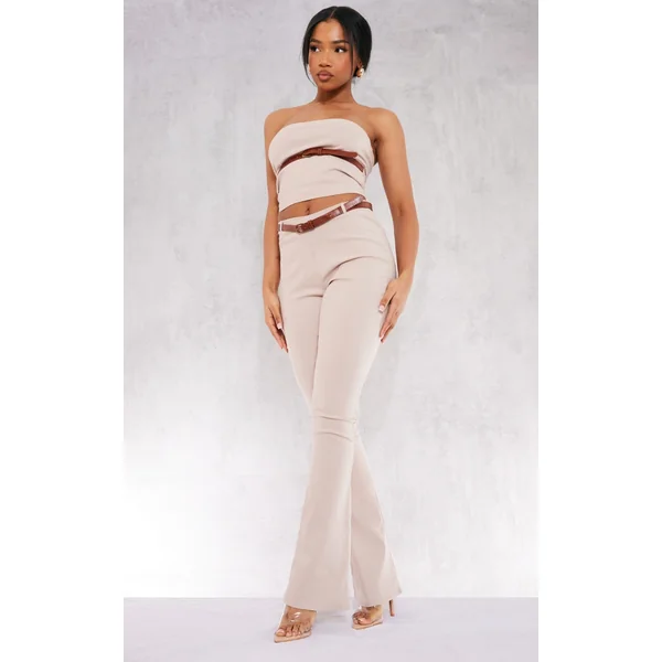 Stone Stretch Woven Belt Detail Flared Pants