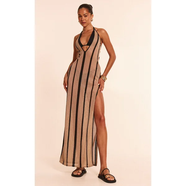 Stone Stripe Crochet Halter Tie Maxi Beach Dress
