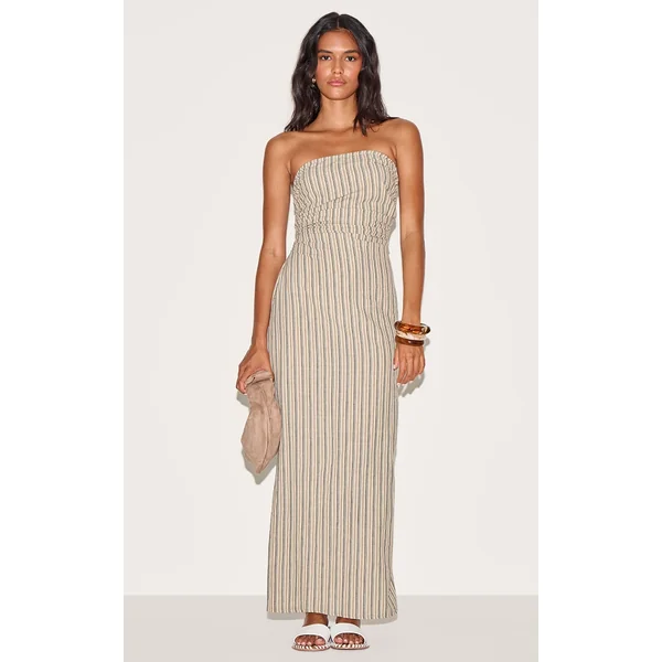 Stone Striped Bandeau Ruched Midaxi Dress