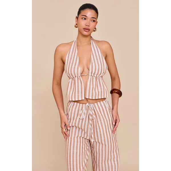 Stone Striped Cotton Halterneck Backless Plunge Top