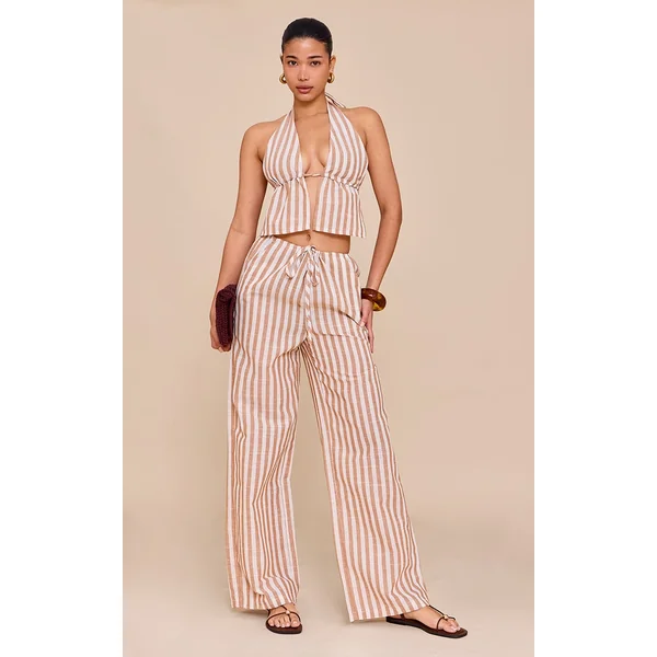 Stone Striped Cotton Low Rise Drawstring Wide Leg Pants