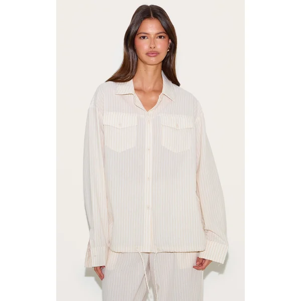 Stone Striped Linen Pocket Detail Oversized Shirt