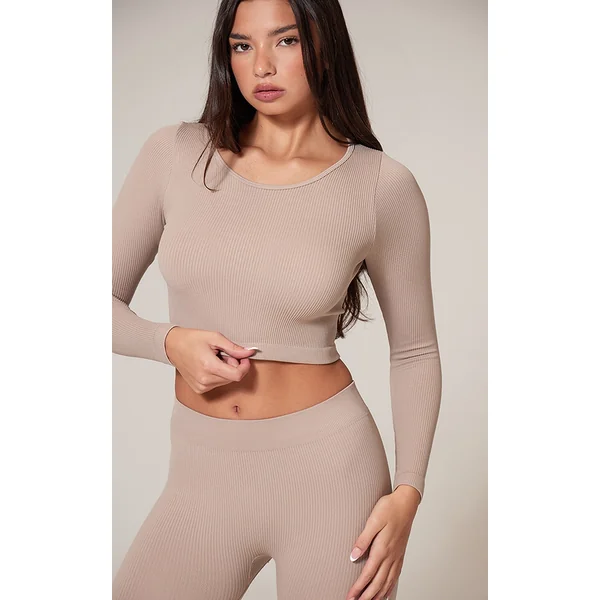 Stone Structured Snatched Ribbed Round Neck Long Sleeve Crop Top