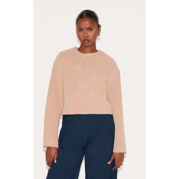 Stone Suede Look Boxy Button Up Jacket