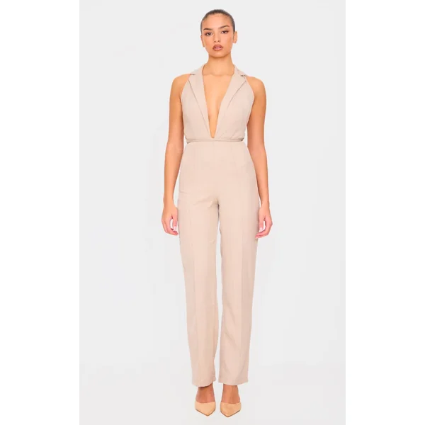 Stone Tailored Woven Vest Lace Up Detail Jumpsuit