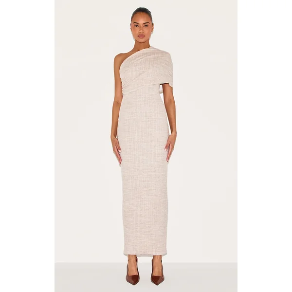 Stone Textured Asymmetric One Shoulder Maxi Dress