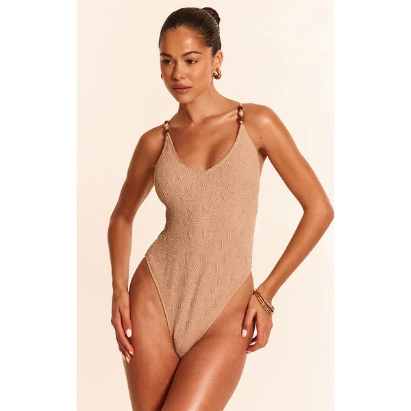 Stone Textured Bead Trim Plunge Swimsuit