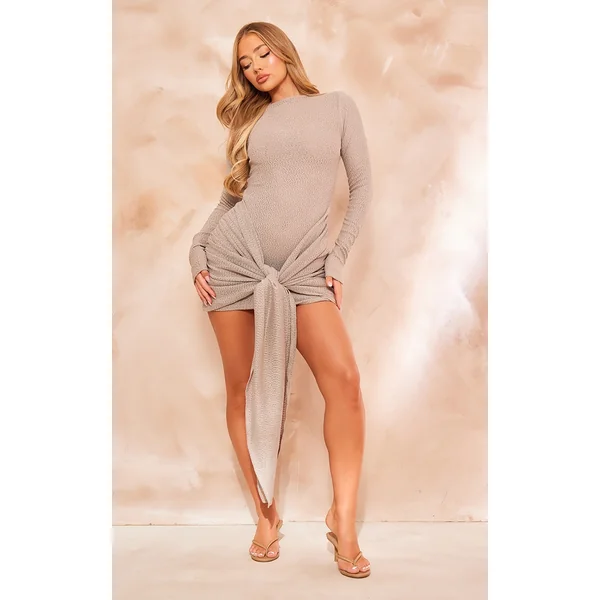 Stone Textured Long Sleeve Tie Waist Mini Dress