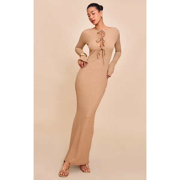 Stone Textured Tie Detail Long Sleeve Maxi Dress