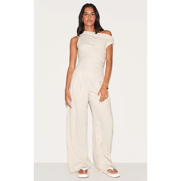 Stone Twist Sleeve Linen Ruched One Sleeve Jumpsuit