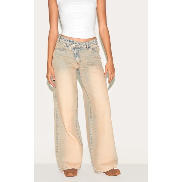 Stone Washed Asymmetrical Waistband Wide Leg Jeans