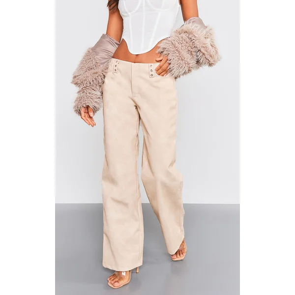 Stone Washed Faux Leather Low Rise Belt Detail Wide Leg Pants