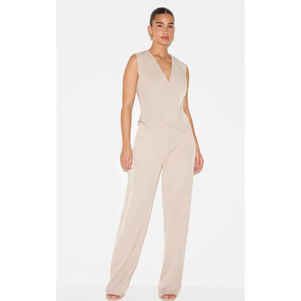 Stone Woven Asymmetric Detail Vest Straight Leg Jumpsuit