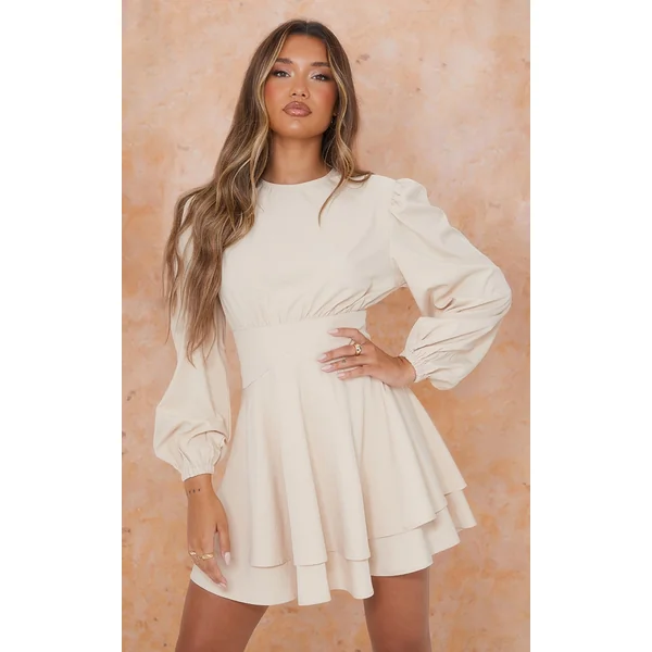 Stone Woven Binding Waist Detail Puff Long Sleeve Shift Dress