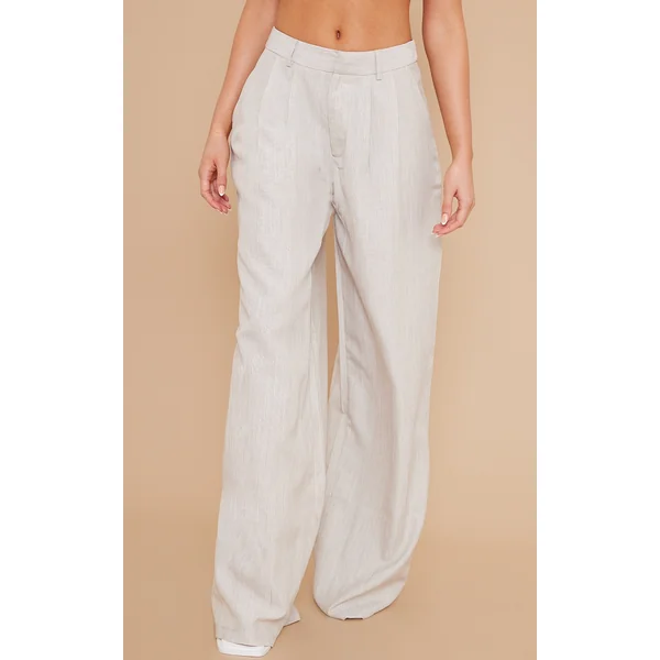 Stone Woven Linen Feel Tailored High Waist Wide Leg Pants
