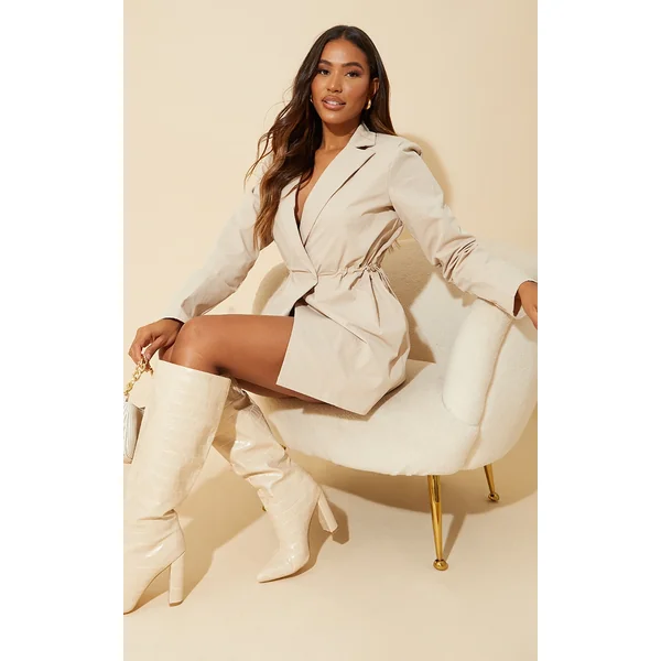 Stone Woven Long Sleeve Toggle Waist Blazer Dress