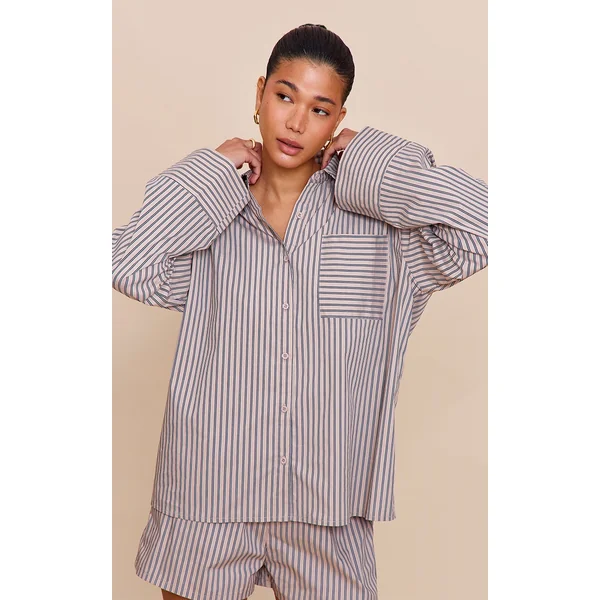 Stone Woven Pinstripe Balloon Sleeve Oversized Shirt