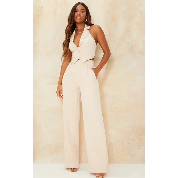 Stone Woven Pleat Detail Wide Leg Pants