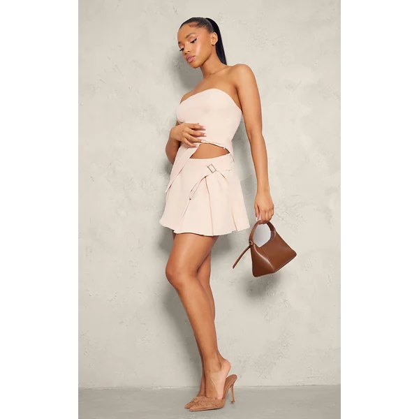 Stone Woven Pleated Buckle Front Micro Mini Skirt