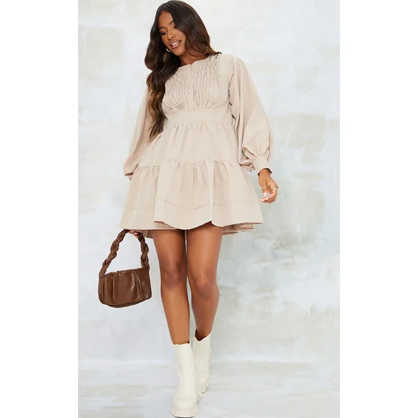 Stone Woven Ruffled Tiered Smock Dress