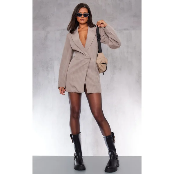 Stone Woven Stripe Pocket Long Sleeve Blazer Dress