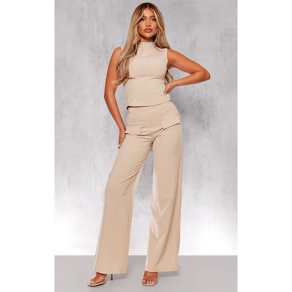 Stone Woven Tailored Wide Leg Pocket Detail Pant