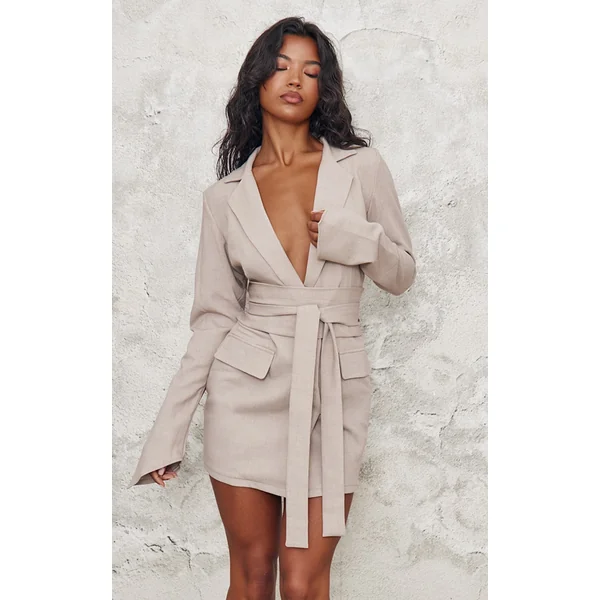 Stone Woven Wrap Belted Blazer Dress