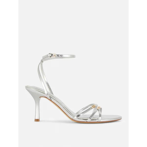 Strappy Metal Detail Heeled Sandals - Silver