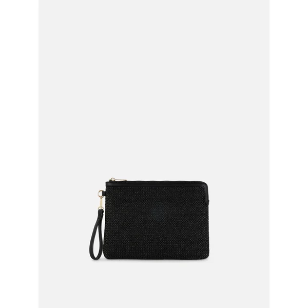 Straw and Faux Leather Pouch - Black
