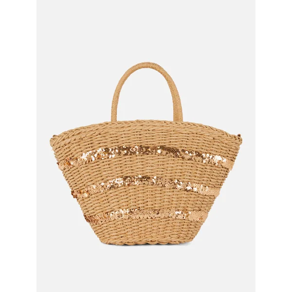 Straw Sequin Bucket Bag - Natural