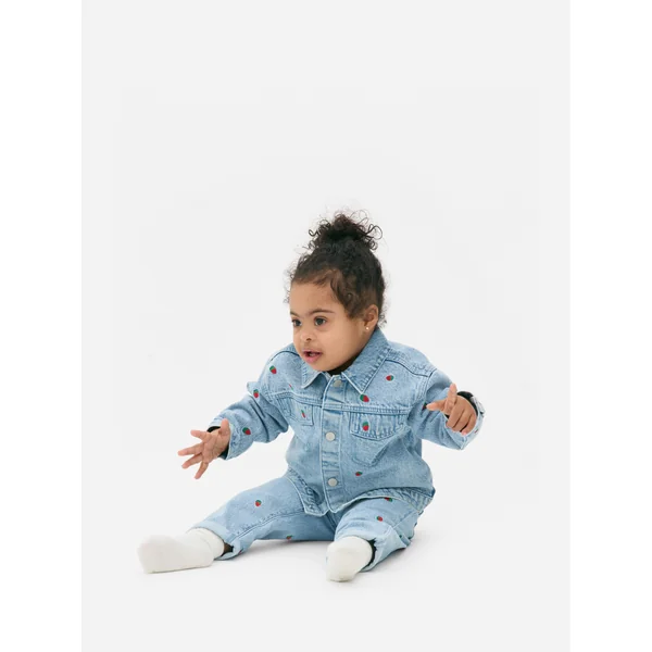 Strawberry Embroidered Denim Jacket - Blue