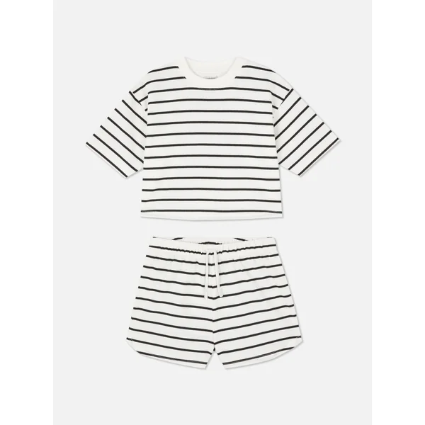Striped Boxy T-Shirt and Shorts Set - Black