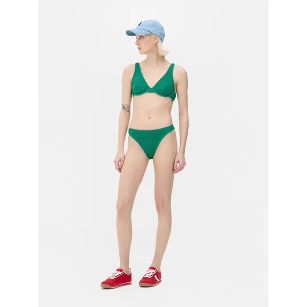 Striped High Leg Crinkle Bikini Bottoms - Green