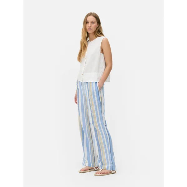 Striped Linen Blend Pants - Blue