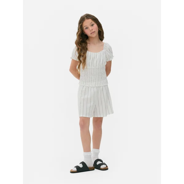 Striped Shirred Blouse and Shorts - Black/White