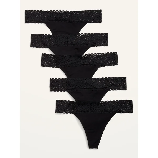 Supima® Cotton-Blend Lace-Trim Thong Underwear 5-Pack - Black Jack