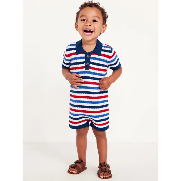 Sweater-Knit Polo One-Piece Romper for Baby - Blue Multi Stripe