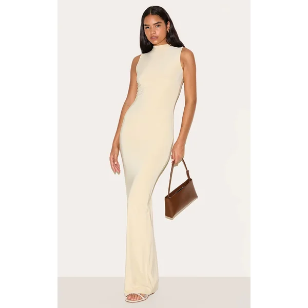 Tall Almond Double Layer High Neck Sleeveless Maxi Dress
