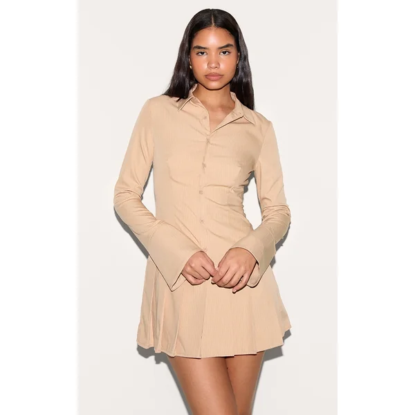 Tall Almond Stripe Shirt Pleated Mini Dress
