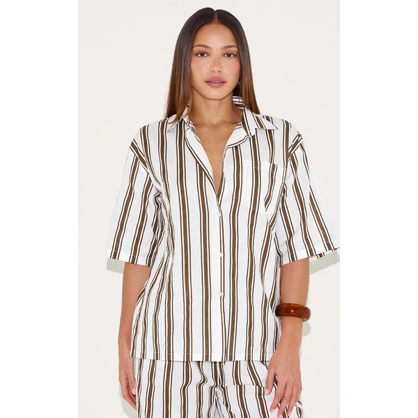 Tall Beige Striped Linen Look Oversized Shirt