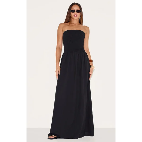 Tall Black Bandeau Shirred Detail Maxi Dress