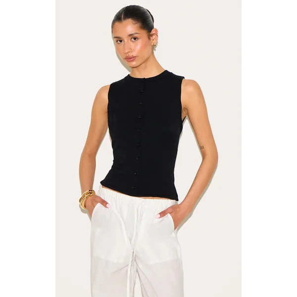 Tall Black Button Through Sleeveless Top